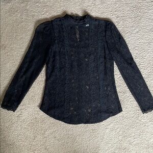 Reformation Black Ruffled Long Sleeve Blouse with Mandarin Collar